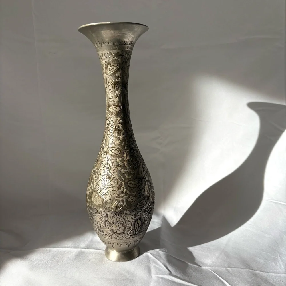 Vintage silver plated brass etched floral vase home decor accent - Picture 4 of 5